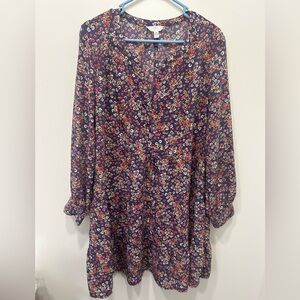 Time And Tru Floral Long Sleeve Dress Size XL 16-18 V Neck Boho Spring Baby Doll